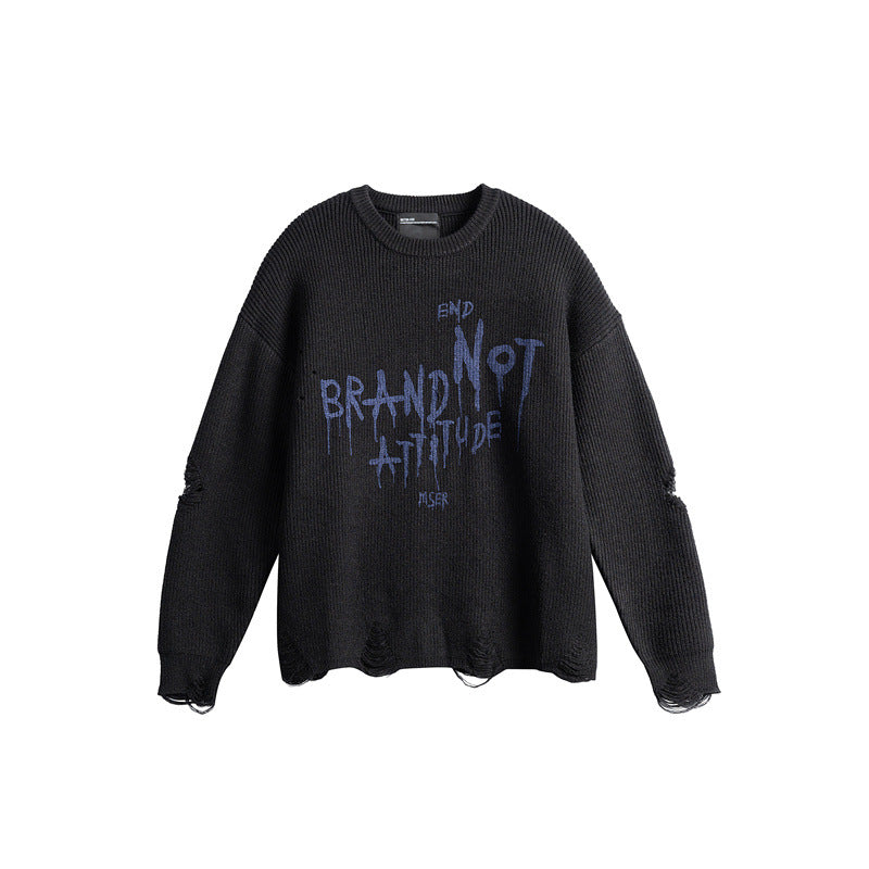 Unisex Oversize Knitted Sweater with Destroyed Details and Statement Print Mune Fashion