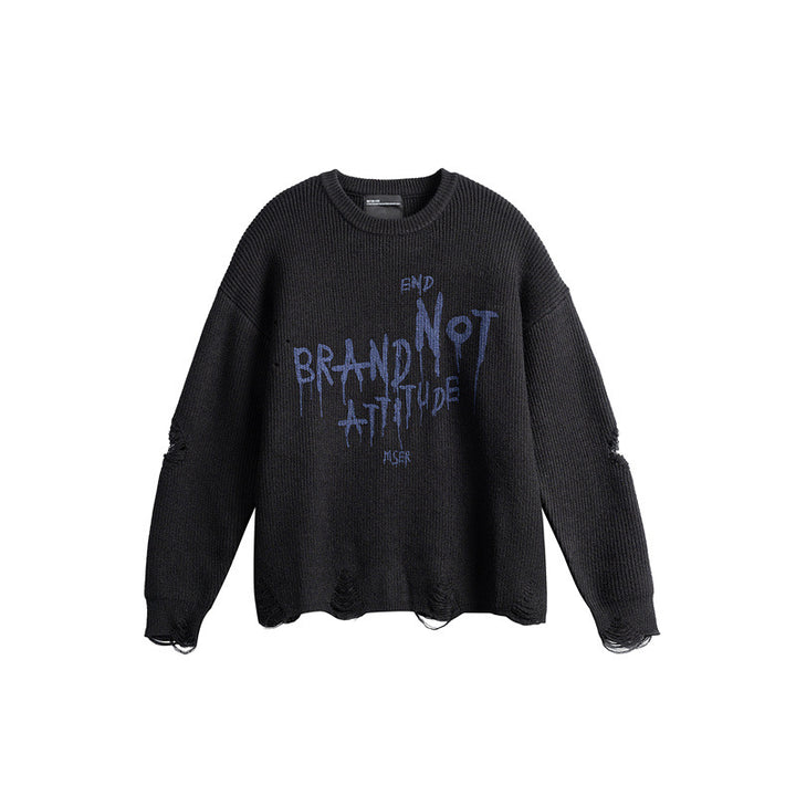 Unisex Oversize Knitted Sweater with Destroyed Details and Statement Print Mune Fashion