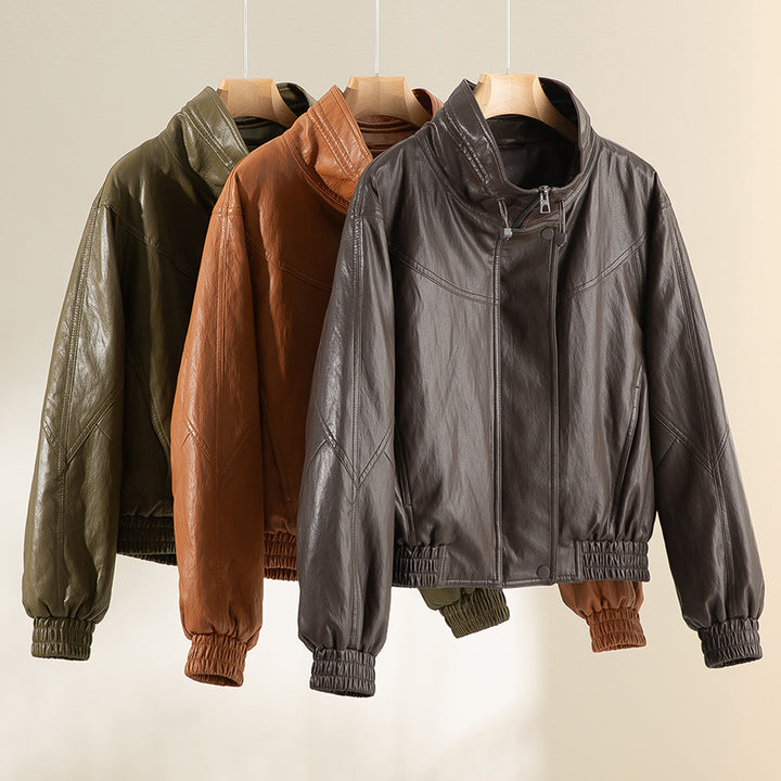 Women Oversized Faux Leather Bomber Jacket with Stand-up Collar and Elastic Hem Mune Fashion