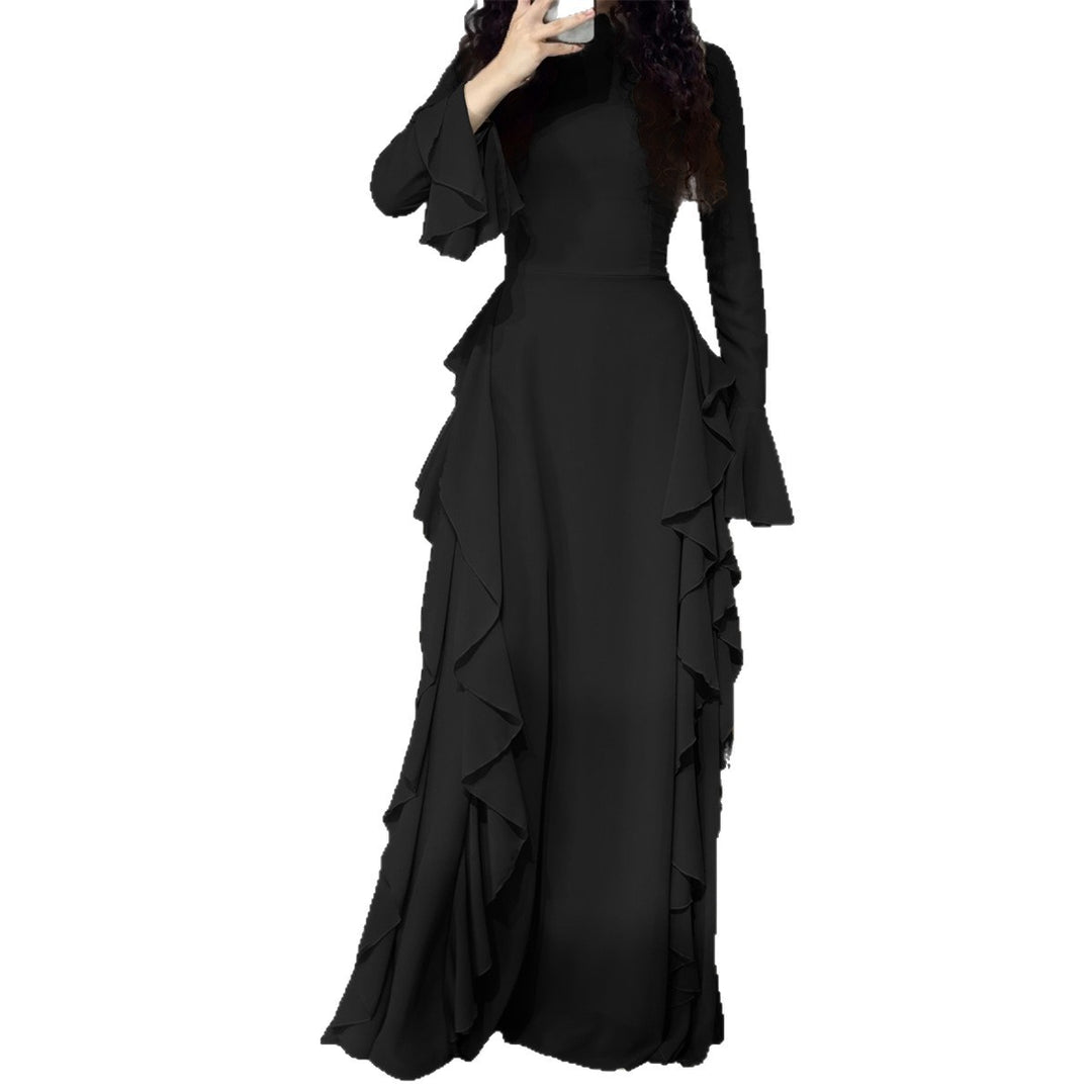 Women nan maxi dress with ruffle trim, tailored empire silhouette and long bell sleeves Mune Fashion
