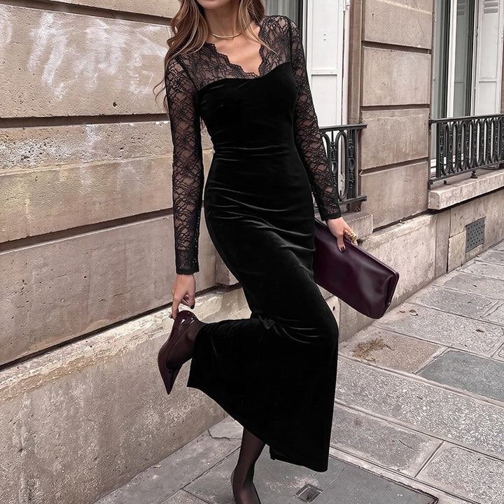 Women's evening dress with transparent lace sleeves, velvet skirt, and illusion heart neckline Mune Fashion