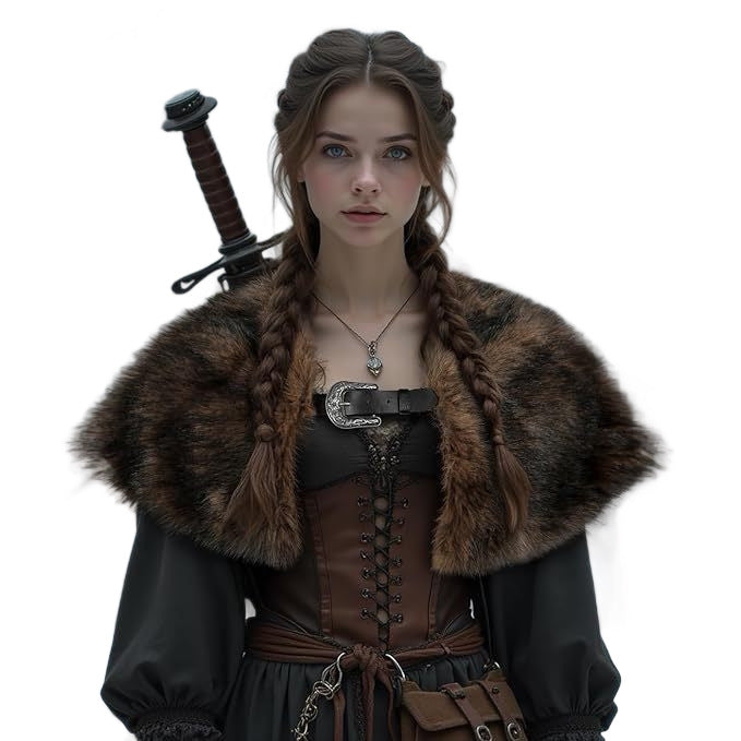 Ladies' coat cape made of faux fur with large shoulder collar and decorative buckle appliqué Mune Fashion