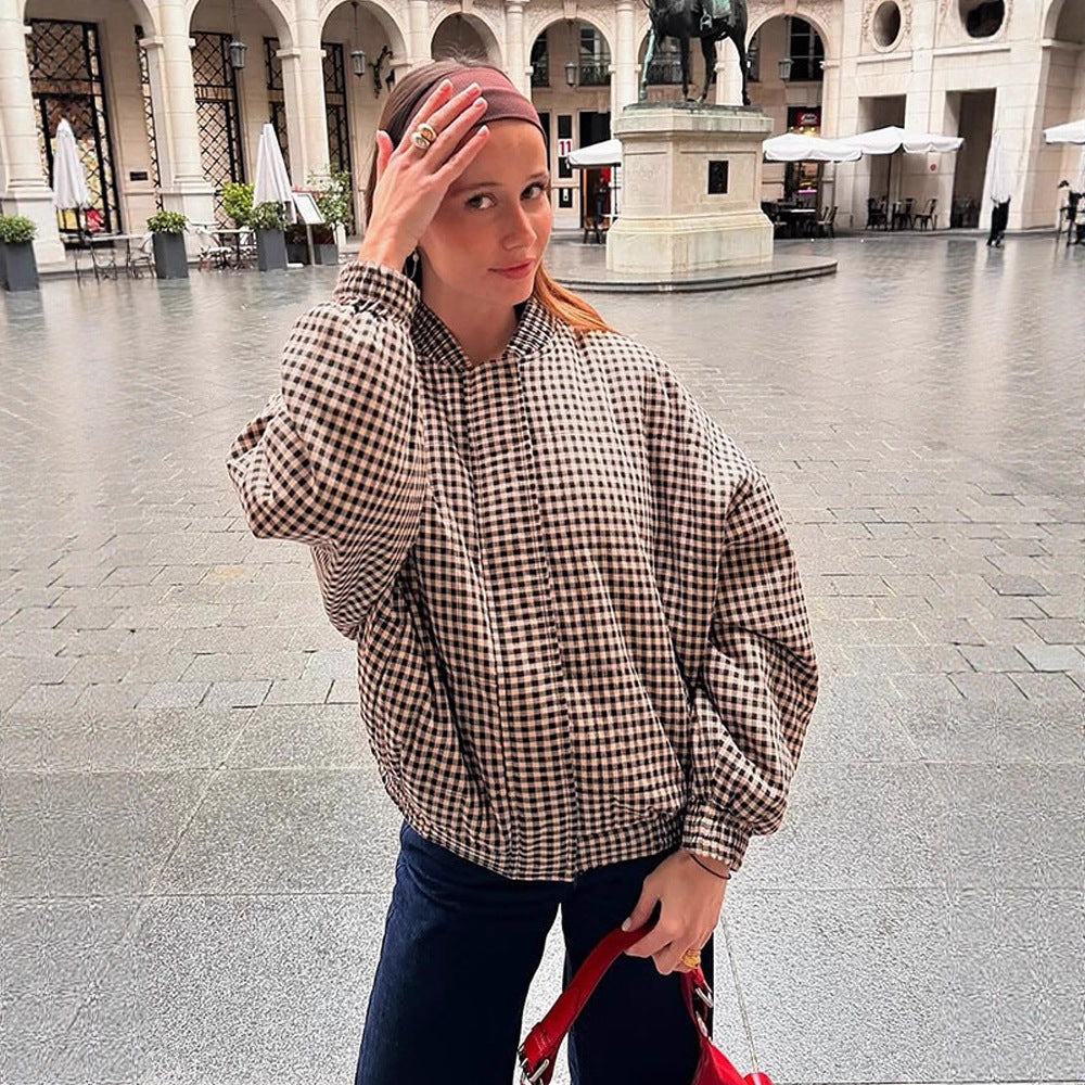 Women's Oversize Checked Bomber Jacket with Standing Collar and Concealed Snap Placket Mune Fashion