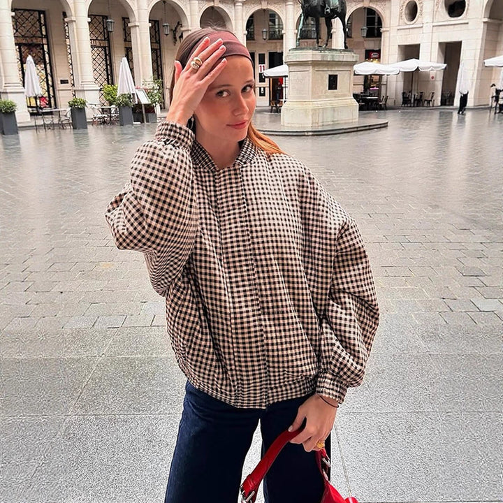 Women's Oversize Checked Bomber Jacket with Standing Collar and Concealed Snap Placket Mune Fashion