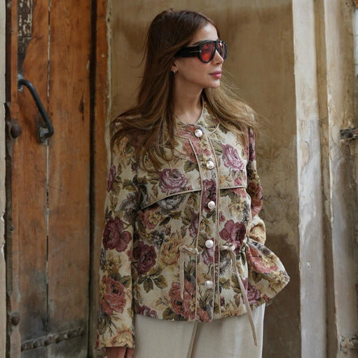 Ladies short jacquard blouson jacket with floral weave pattern, drawstring waist and pearlescent buttons Mune Fashion