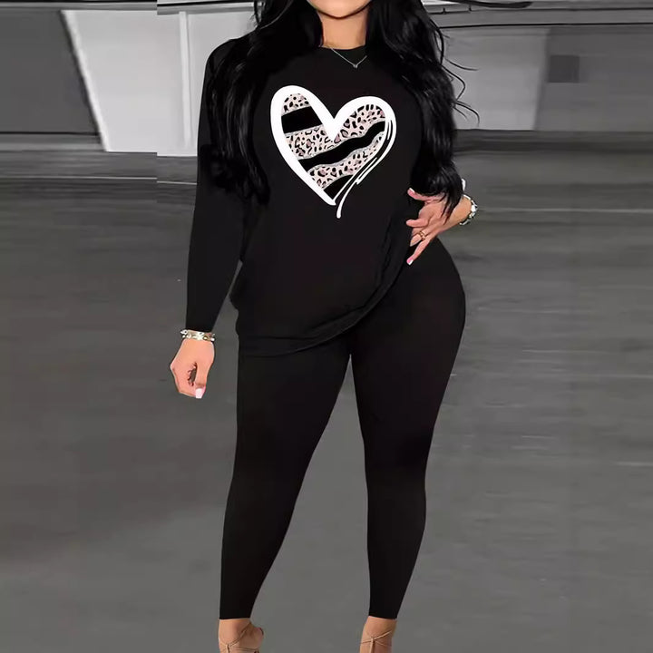 Women's Two-Piece Lounge Set with Heart Print Sweatshirt and High-Waist Leggings Mune Fashion