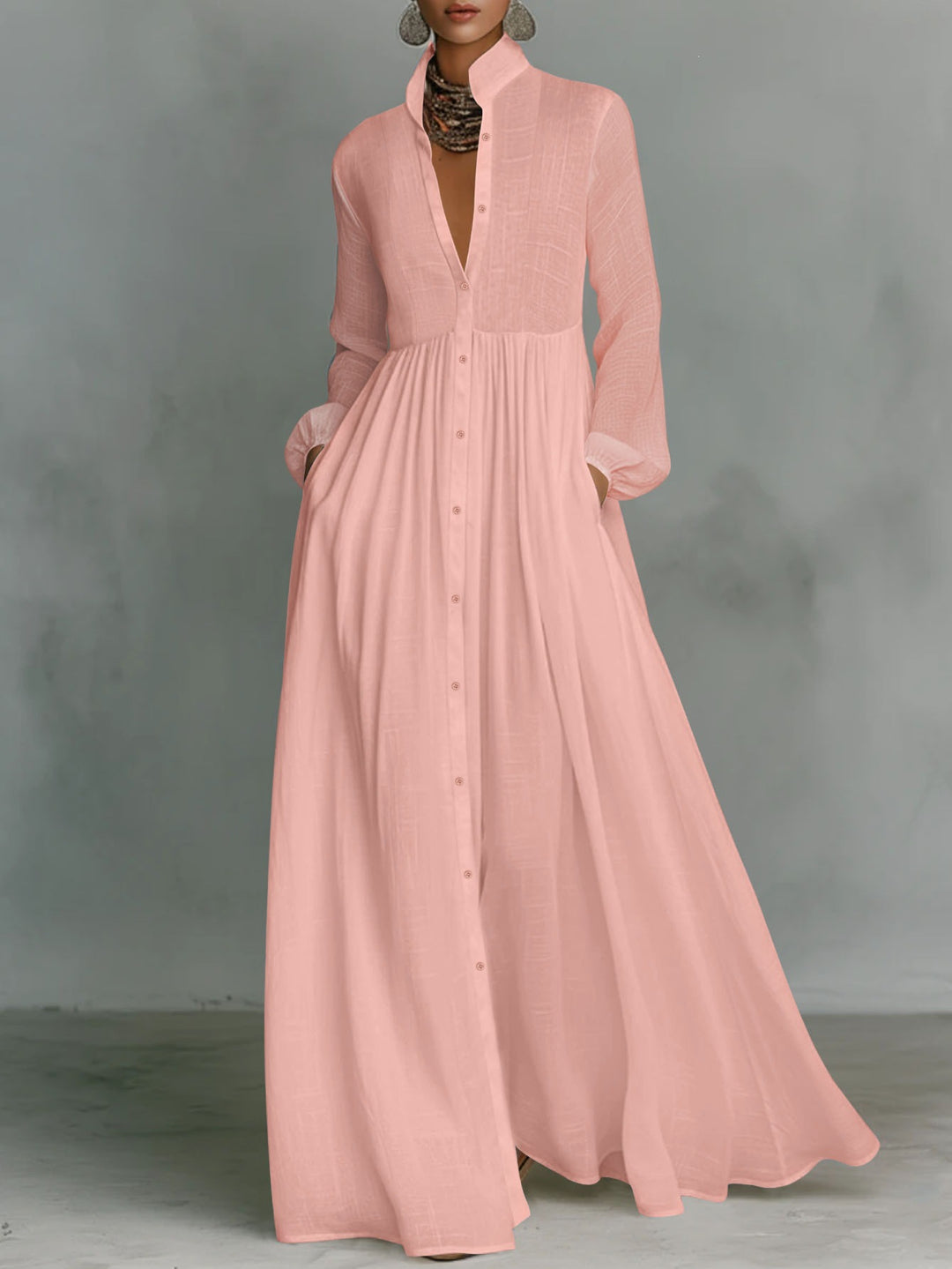 Ladies Maxidress with stand-up collar, continuous button placket, waist-high gathering and side pockets Mune Fashion