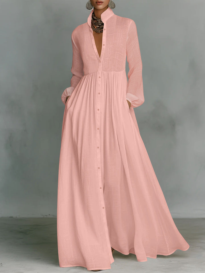 Ladies Maxidress with stand-up collar, continuous button placket, waist-high gathering and side pockets Mune Fashion