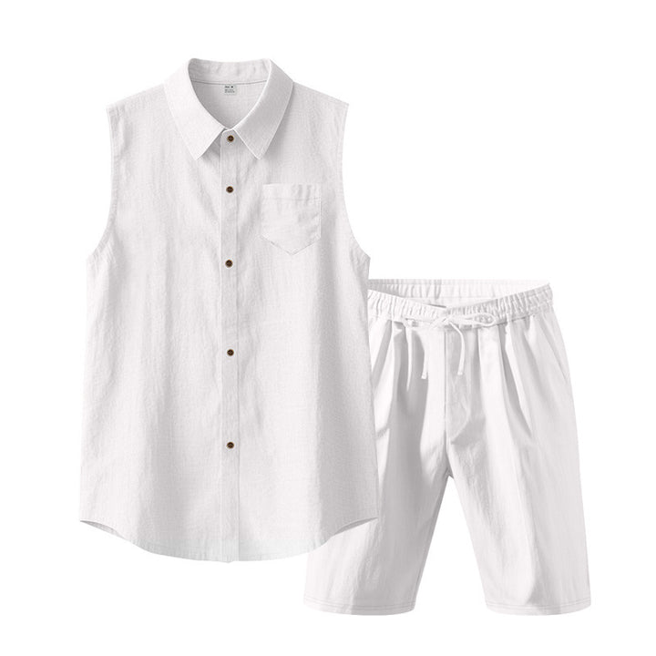 Men's sleeveless shirt and shorts set made of cotton-linen with kent collar and elastic drawstring waistband Mune Fashion