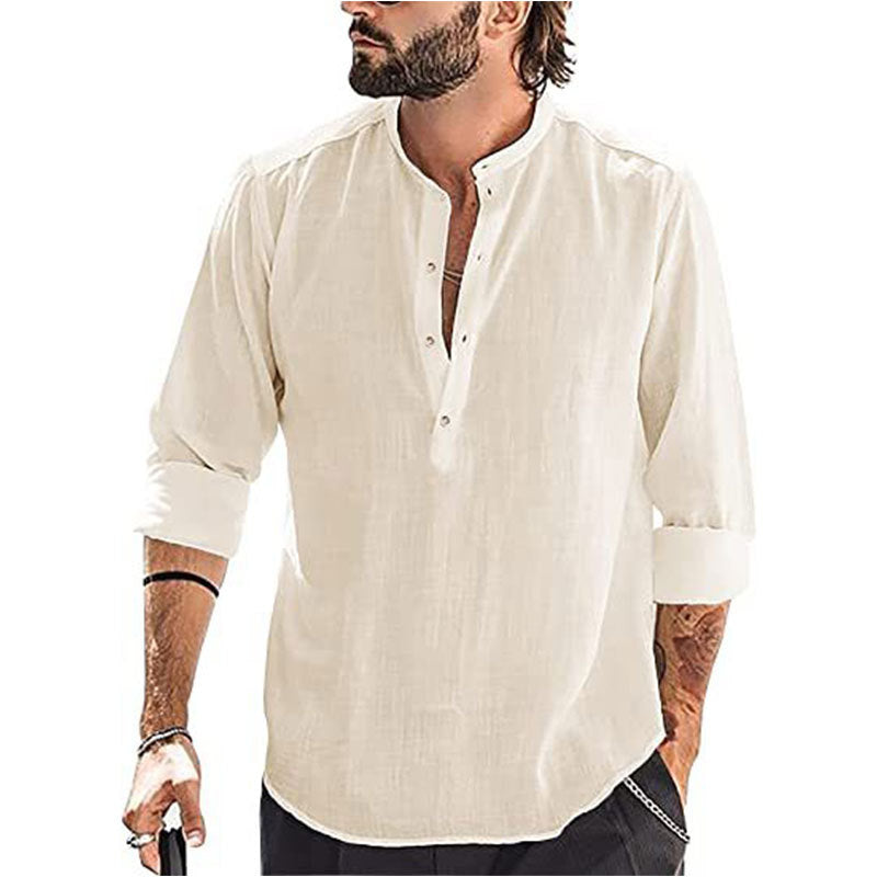 Men's relaxed long sleeve Henley shirt made of breathable linen blend with stand-up collar Mune Fashion
