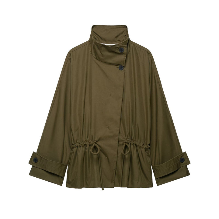 Women's Short Utility Cape Jacket with Drawstring, High Stand Collar and Adjustable Sleeve Straps Mune Fashion