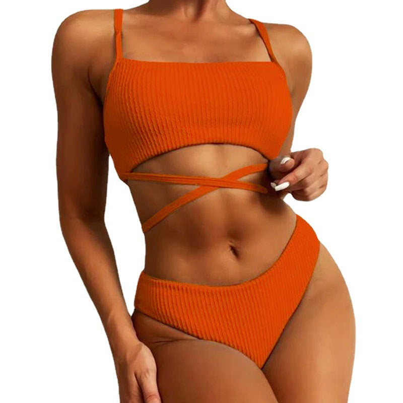 Ladies High-Cut Rib Bikini with Cross Details Mune Fashion