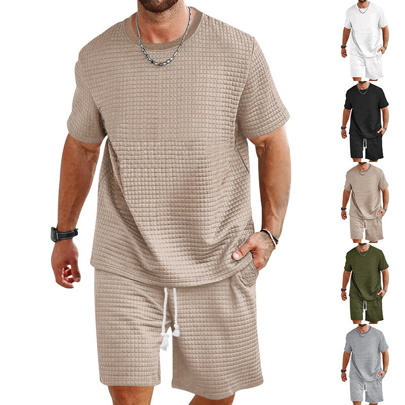 Men's waffle structure lounge and leisure set with wide-cut short-sleeve shirt and shorts with elastic waistband Mune Fashion
