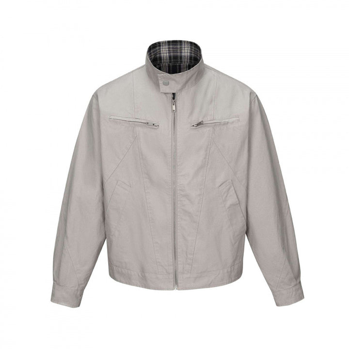 Men's cropped canvas blouson jacket with stand-up collar, zippered pockets, and checkered lining Mune Fashion
