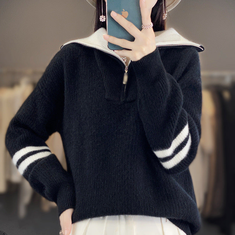 Women's ribbed knit pullover with half zipper, high stand-up collar, and relaxed fit Mune Fashion