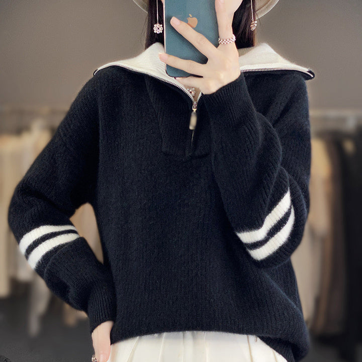 Women's ribbed knit pullover with half zipper, high stand-up collar, and relaxed fit Mune Fashion