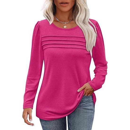 Women Fine Long Sleeve Shirt with Round Neck, Decorative Darts and Slightly Fitted A-Line Mune Fashion