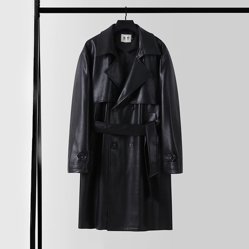 Men's Faux Leather Trench Coat with Double-Breasted, Oversized Cut and Cuff Straps Mune Fashion
