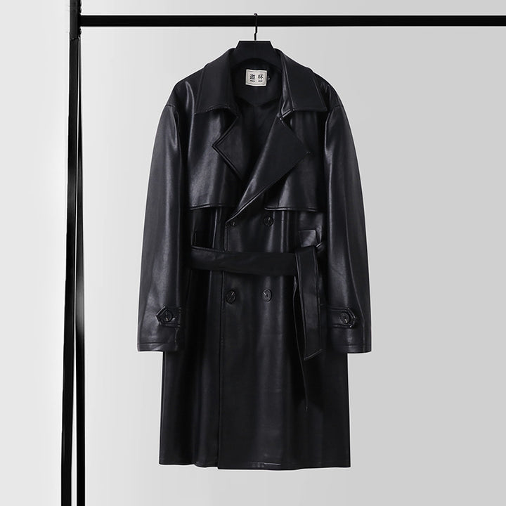 Men's Faux Leather Trench Coat with Double-Breasted, Oversized Cut and Cuff Straps Mune Fashion