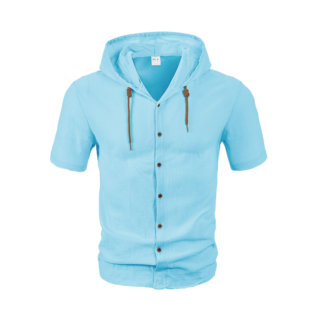 Men's crinkled short-sleeve hooded shirt made of cotton with button placket and drawstring Mune Fashion