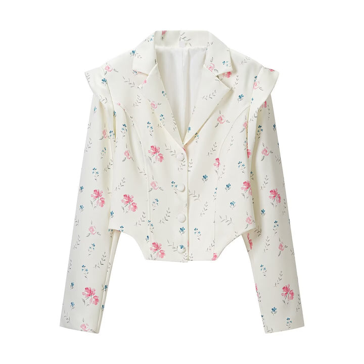 Women short blazer with floral all-over print, tailored silhouette and decorative shoulder details Mune Fashion