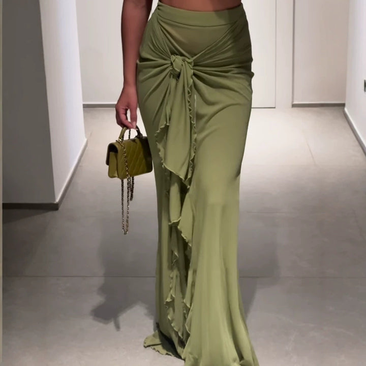 Women's High-Waisted Maxi Skirt with Asymmetrical Gathering, Knot Detail, and Ruffle Slit Mune Fashion