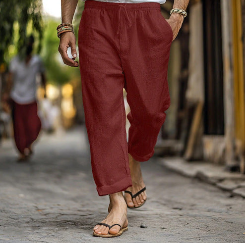 Men's casual linen jogger pants with elastic drawstring waistband, side pockets, and rollable hem Mune Fashion