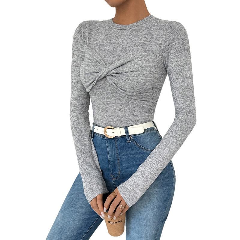 Women's Fitted Long Sleeve Ribbed Shirt with Front Knot and Round Neckline Mune Fashion