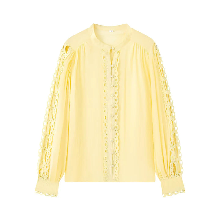 Women nan romantic blouse with lace sleeves, gathered balloon sleeves and decorative button placket Mune Fashion