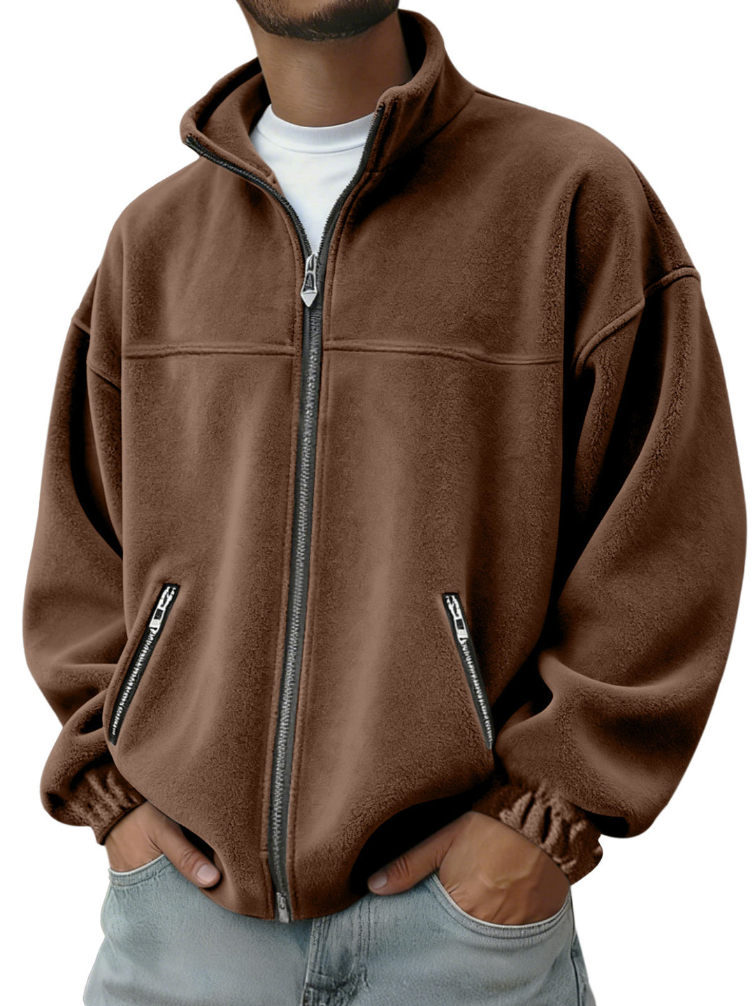 Men's Oversize Fleece Jacket with Stand-Up Collar, Full-Length Zipper and Zip Pockets EB
