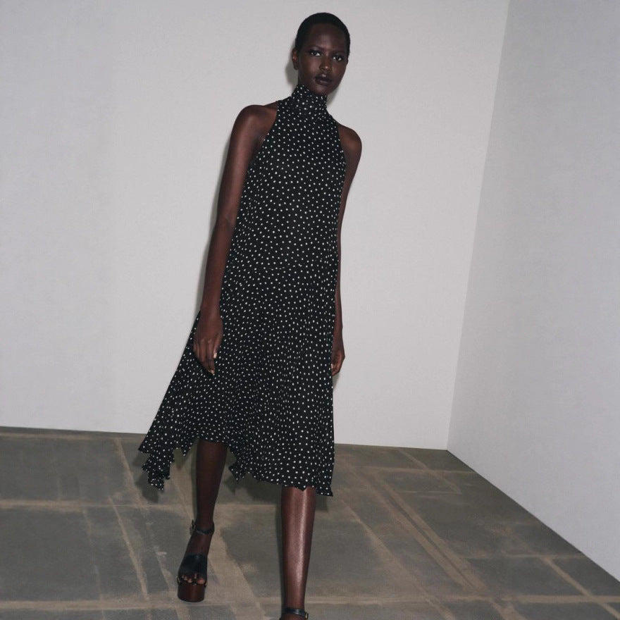 Women's sleeveless midi dress with high stand-up collar, flared ruffle skirt and polka dot pattern Mune Fashion