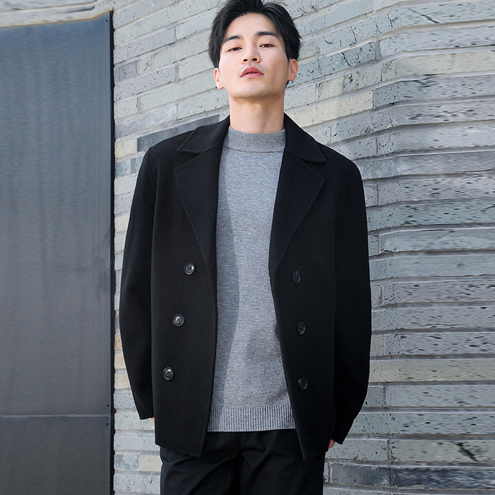 Men's Short Double-Breasted Wool Blend Peacoat with Notch Collar and Thermal Lining Mune Fashion