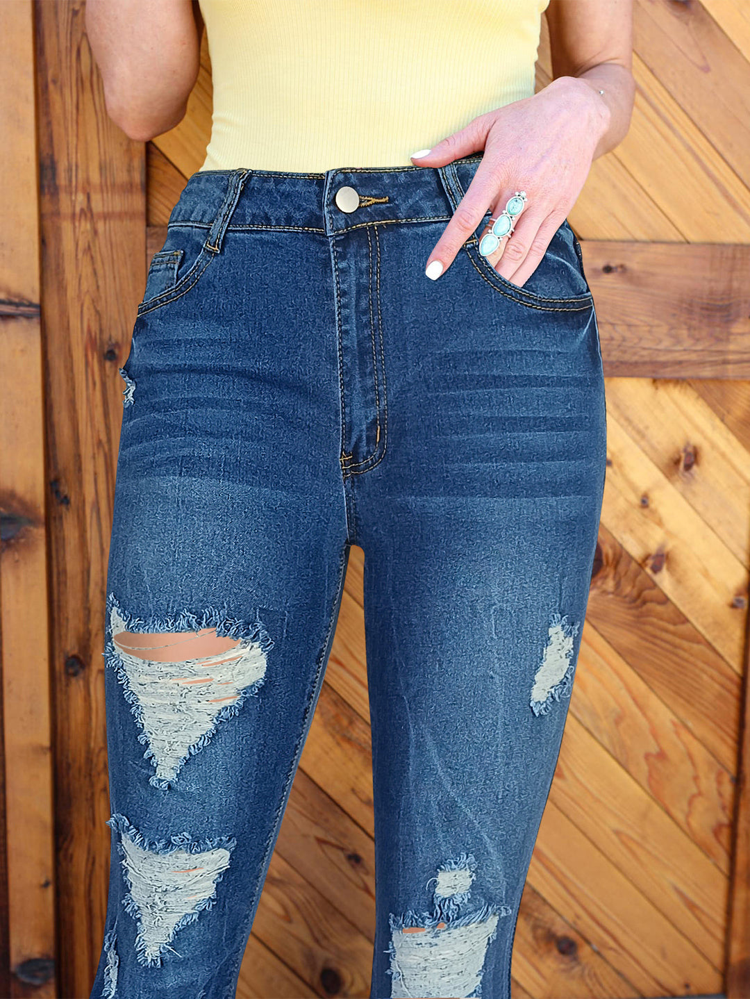 Women's Retro Flared Jeans with High Waist, Destroyed Details and Sculpting Stretch Waistband Mune Fashion