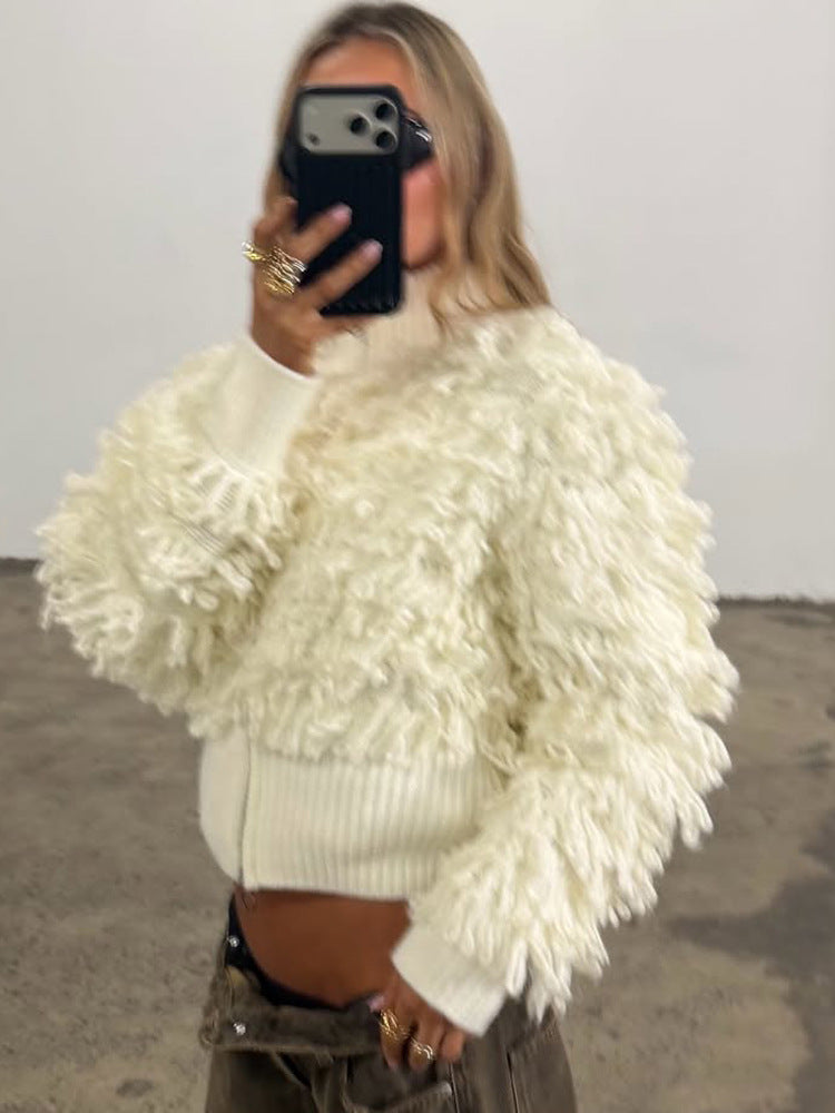 Women's short cardigan with fluffy bouclé look, zipper and wide ribbed hem Mune Fashion