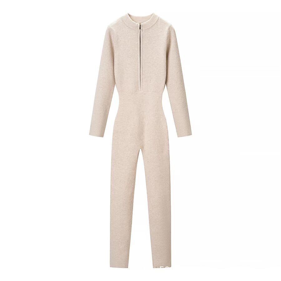 Women's figure-hugging knitted overall with stand-up collar and front zipper Mune Fashion