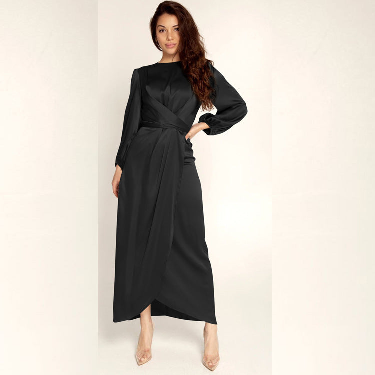 Ladies Elegant Maxi Dress in Satin with Wrap Detail, Long Sleeve and Waistband Mune Fashion