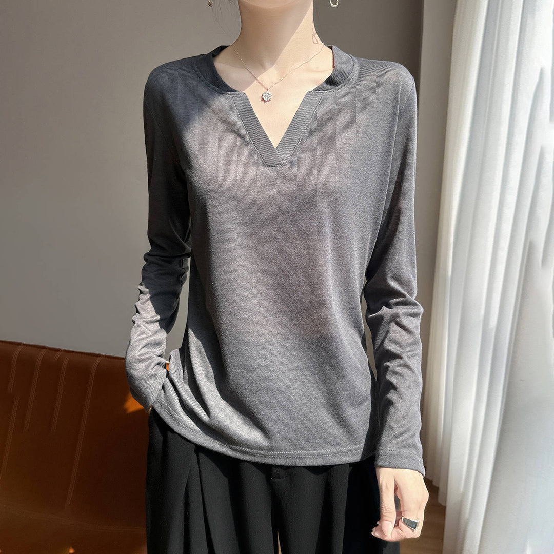 Women's Long-Sleeved Fine Knit Shirt with Slit V-Neck Mune Fashion