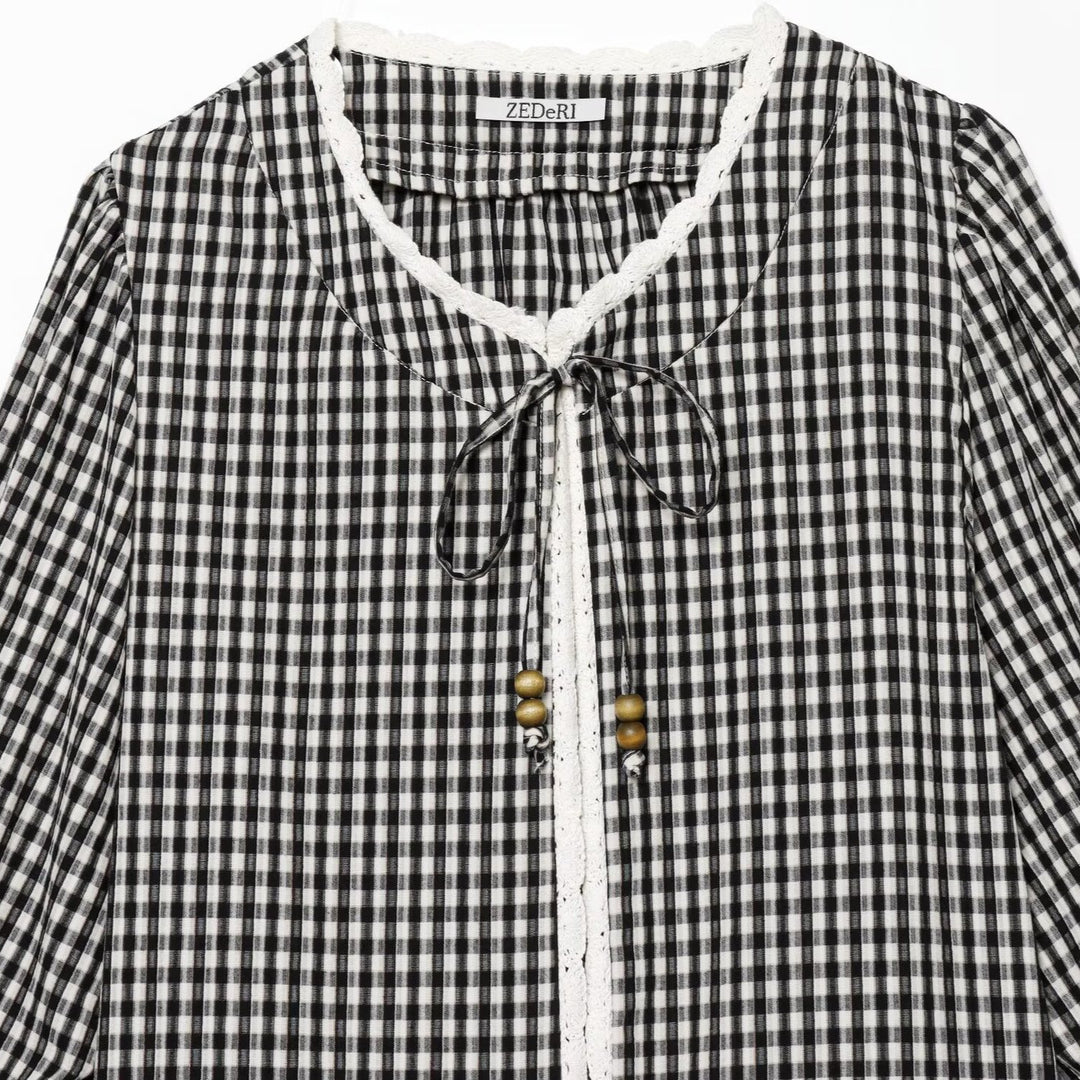 Women Checked Blouse Jacket with Crochet Edge, Tie Band and Three-Quarter Sleeves Mune Fashion