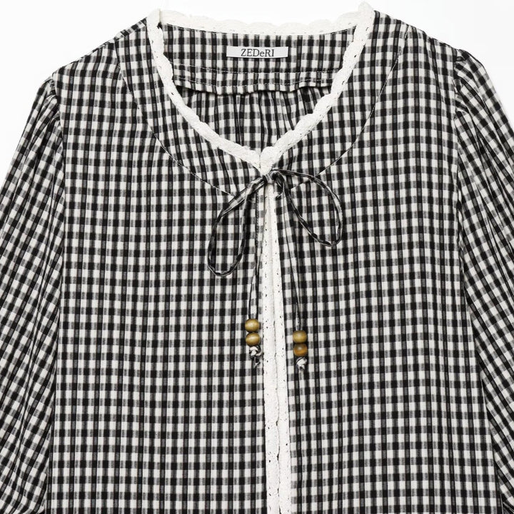 Women Checked Blouse Jacket with Crochet Edge, Tie Band and Three-Quarter Sleeves Mune Fashion