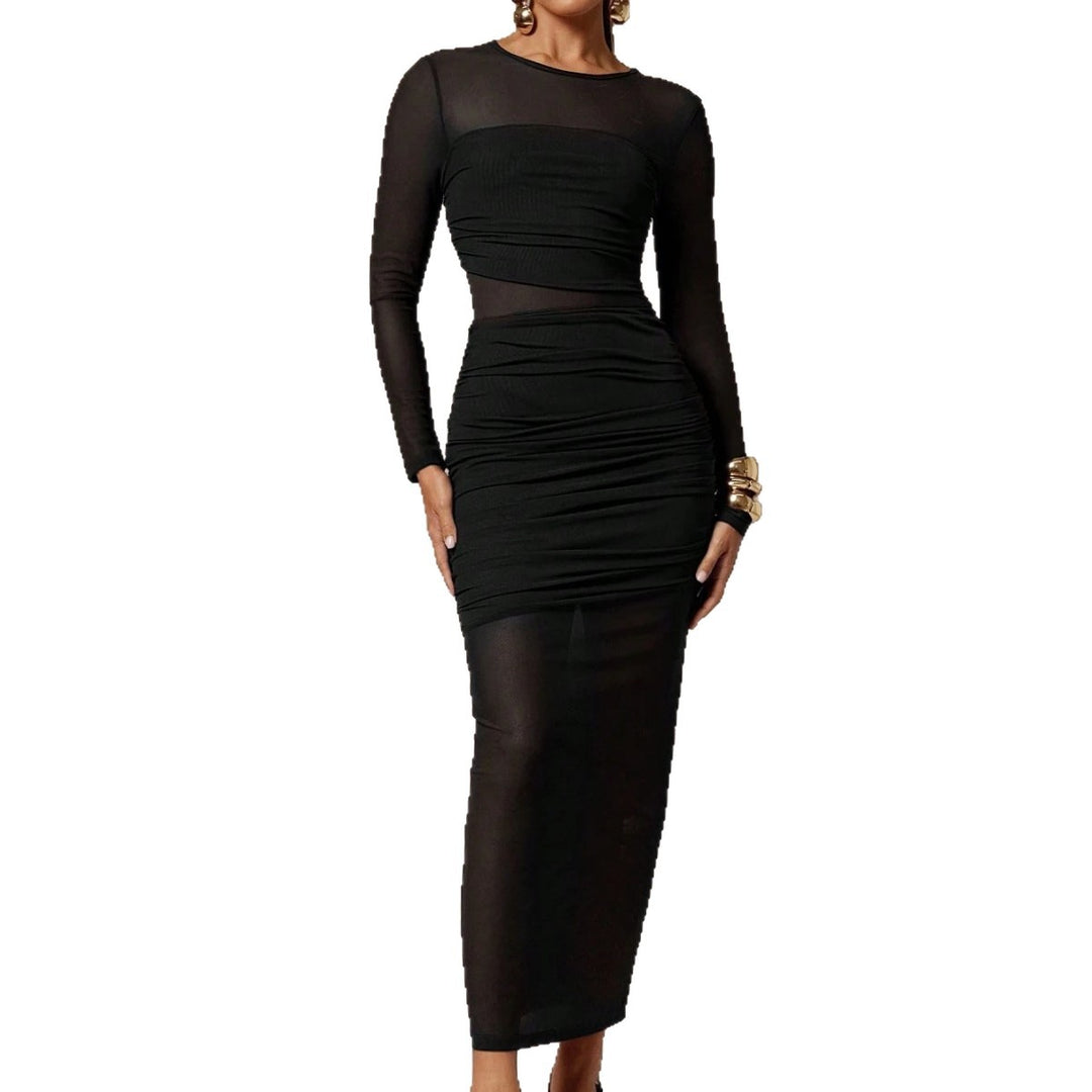 Women's narrow-cut mesh midi dress with long sleeves, waist gathering, and semi-transparent skirt Mune Fashion