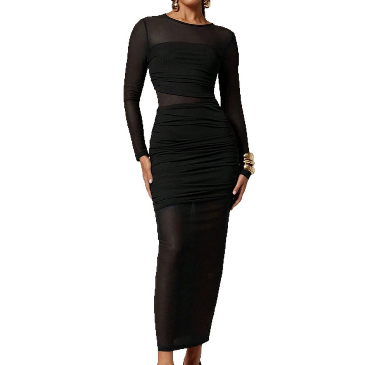 Women's narrow-cut mesh midi dress with long sleeves, waist gathering, and semi-transparent skirt Mune Fashion