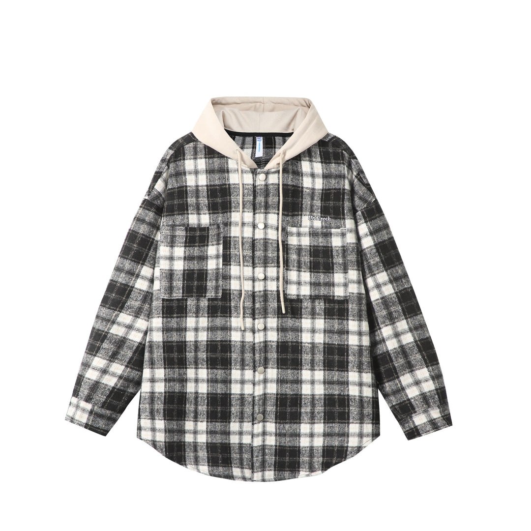 Unisex Oversized Check Shirt Jacket with Hood, Snap Buttons and Chest Pocket Mune Fashion