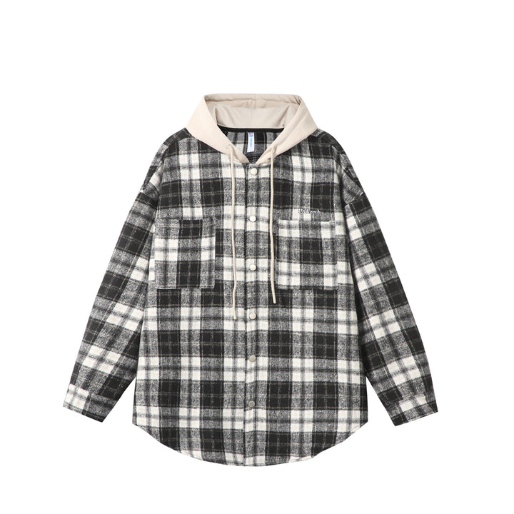 Unisex Oversized Check Shirt Jacket with Hood, Snap Buttons and Chest Pocket Mune Fashion