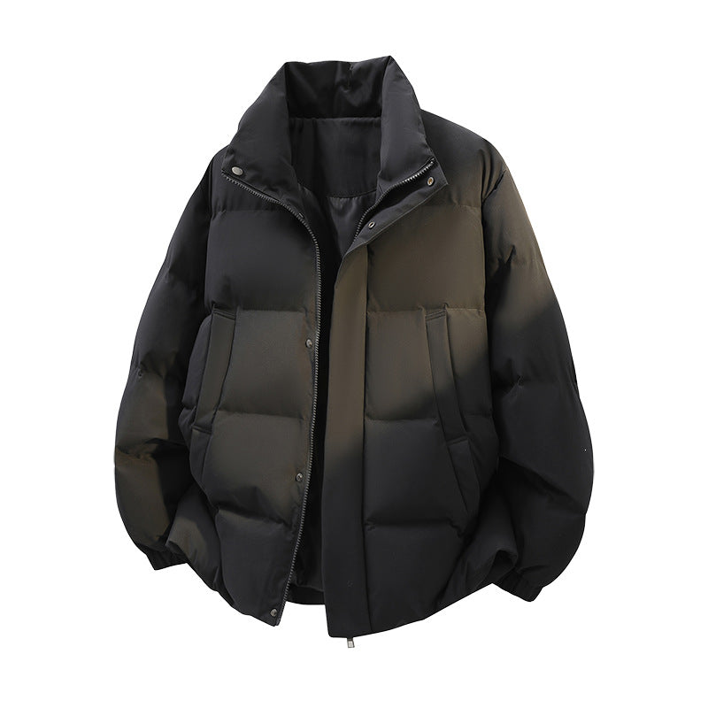 Men's Short Cut Oversized Puffer with Stand-Up Collar, Snap Placket and Concealed Zipper Mune Fashion