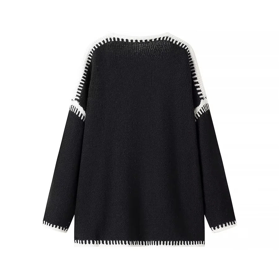 Ladies oversized knitted cardigan with contrast decorative seams and open front Mune Fashion