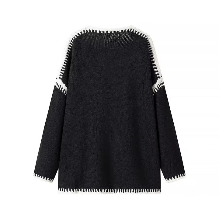 Ladies oversized knitted cardigan with contrast decorative seams and open front Mune Fashion