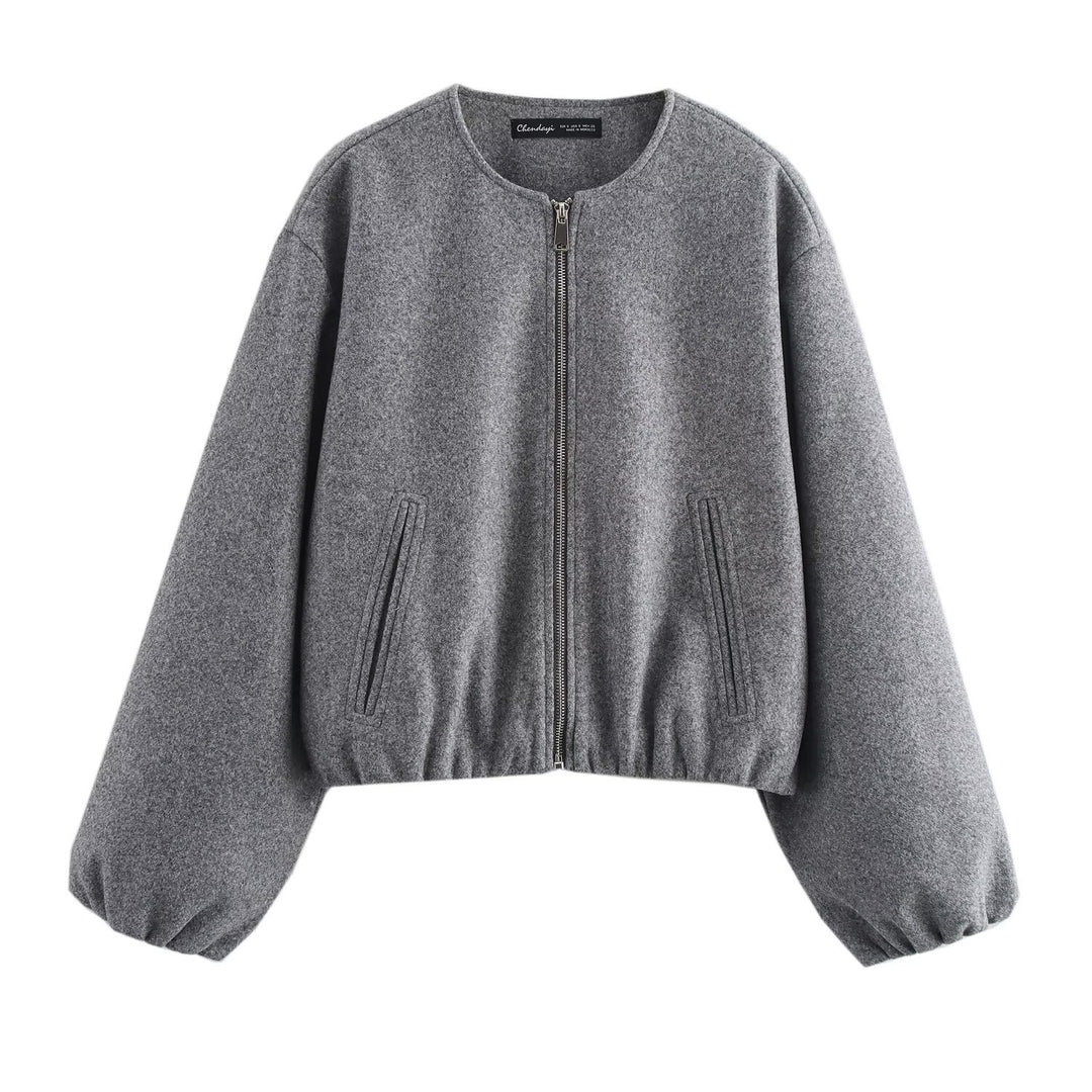 Ladies short-cut suede-look bomber jacket with round neck and balloon sleeves Mune Fashion