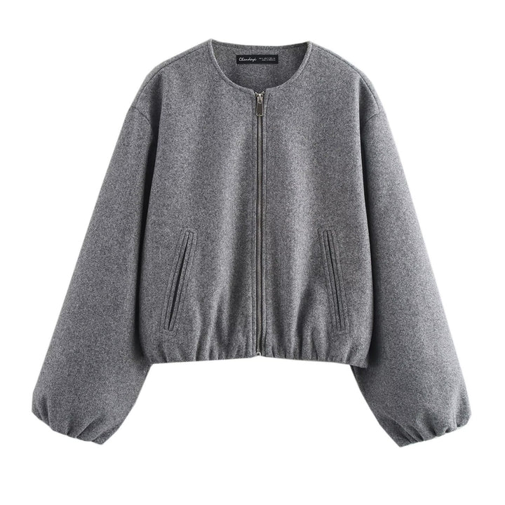 Ladies short-cut suede-look bomber jacket with round neck and balloon sleeves Mune Fashion