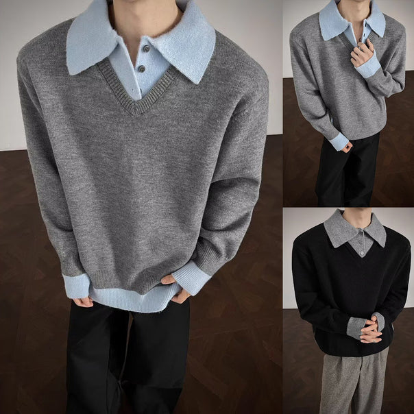 Men's Stylish Knit Sweater with V-Neck and Contrast Collar Mune Fashion