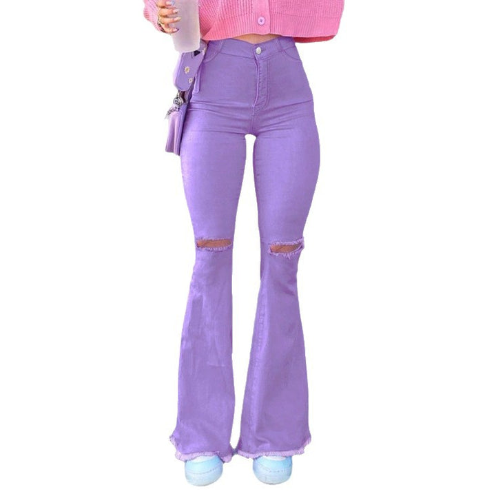 Women High-Rise Stretch Flared Jeans with Knee Rips, Flared Leg and Raw Hem Mune Fashion